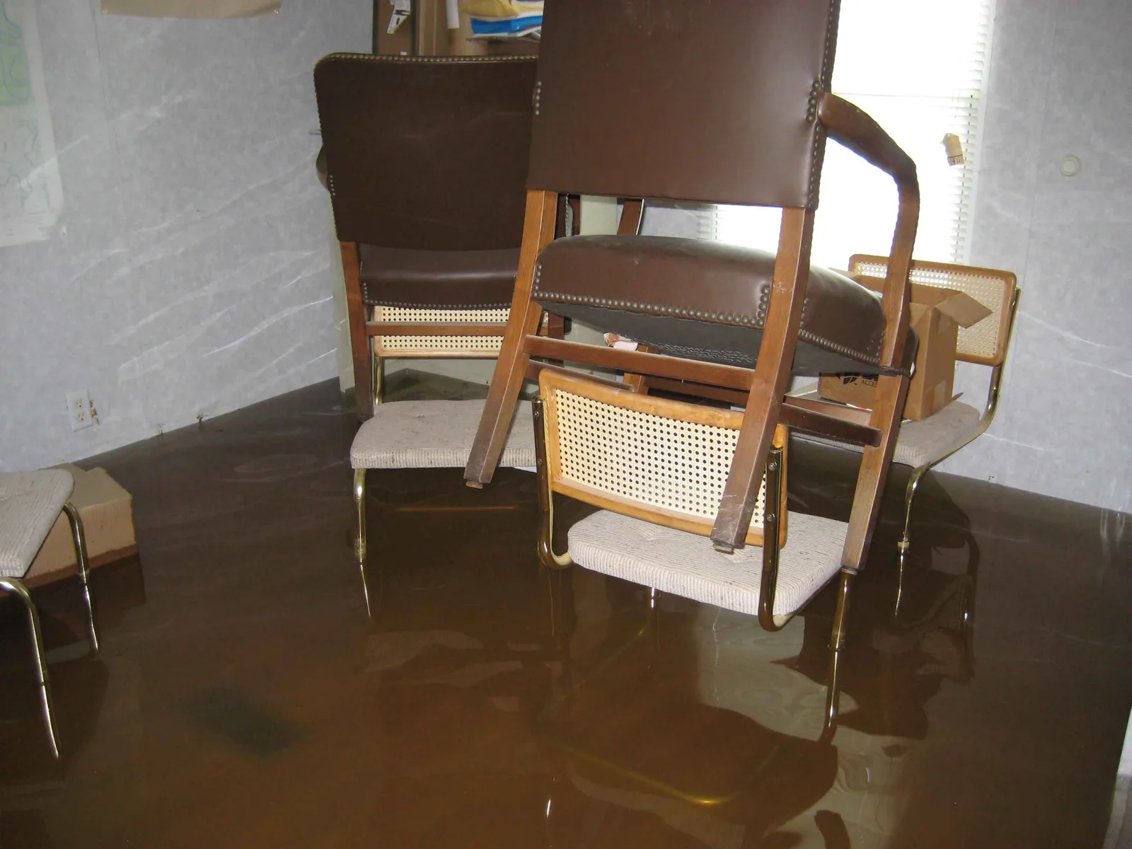 Flooded home interior with murky standing water covering the floor