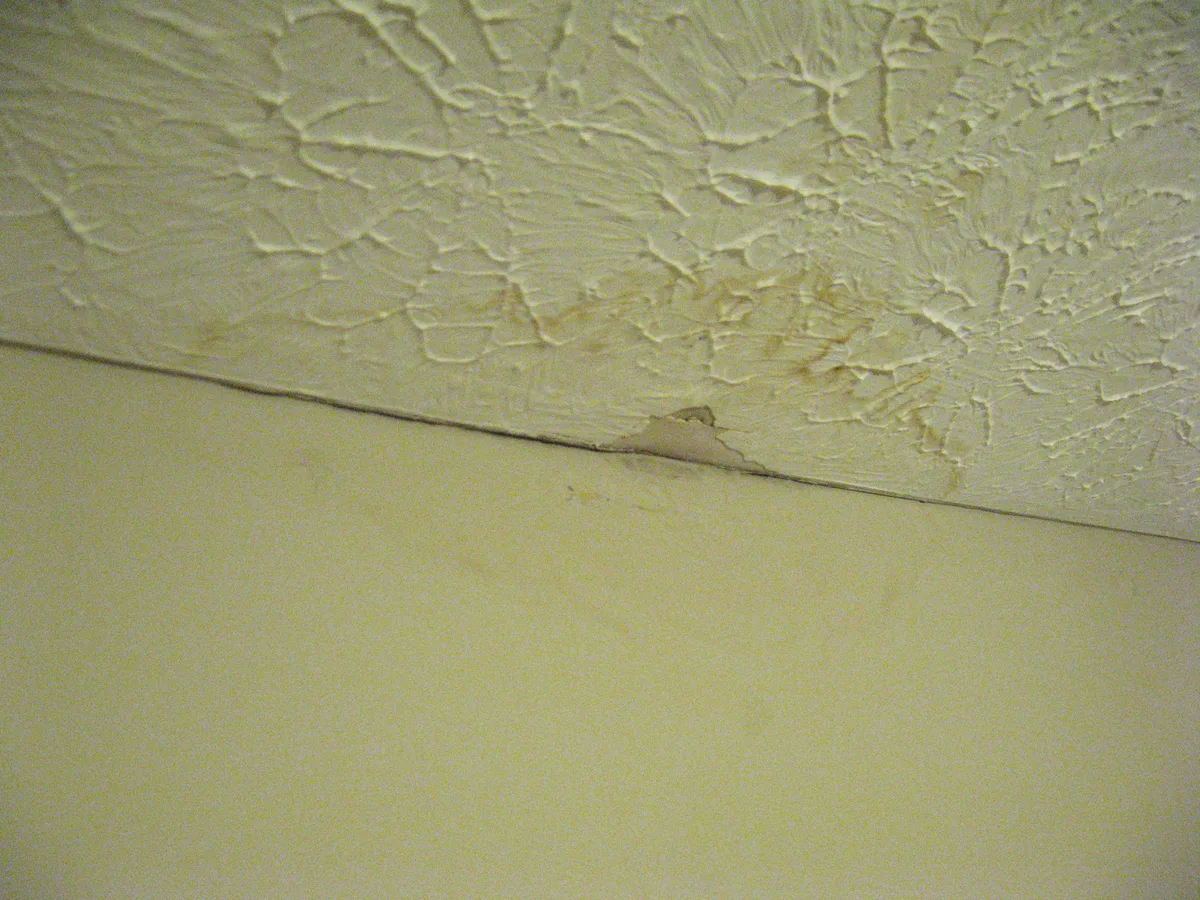Room interior showing water damage to walls and flooring